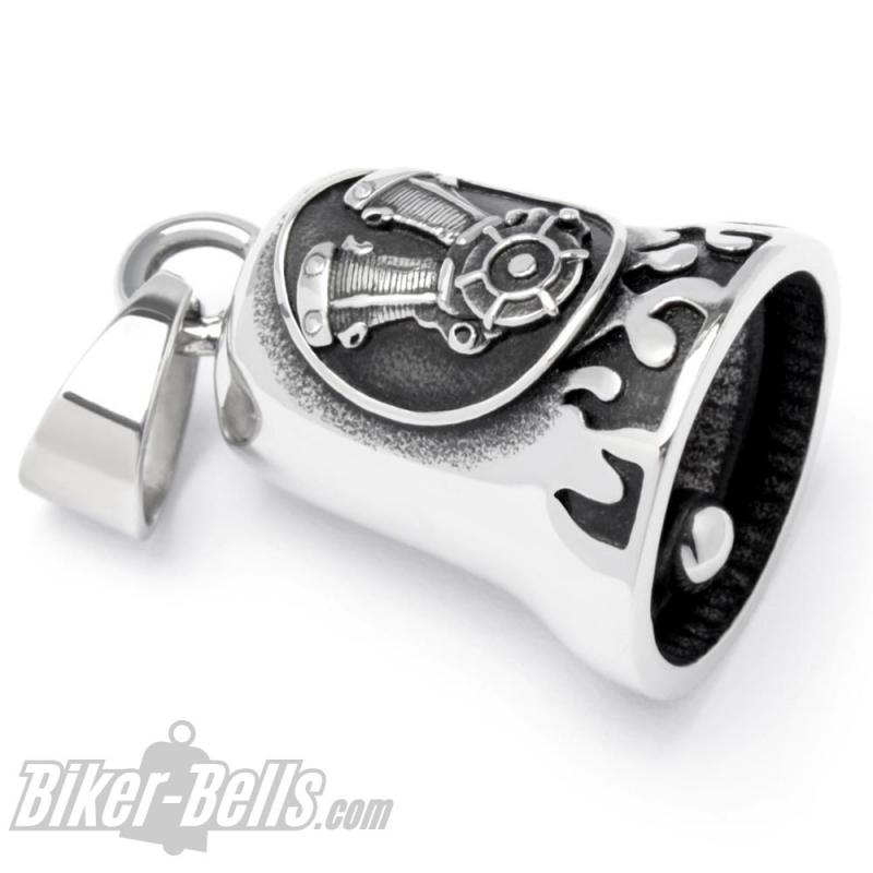 V2 Engine Block With Flames Biker-Bell Stainless Steel Engine Ride Bell Lucky Charm